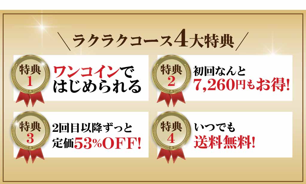 ラクラクコース4大特典！特典1：初回500円 特典2：初回なんと8,424円もお得! 特典3：2回目以降ずっと定価53%OFF! 特典4：2回目以降送料無料