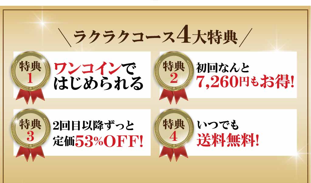 ラクラクコース4大特典！特典1：初回500円 特典2：初回なんと8,424円もお得! 特典3：2回目以降ずっと定価53%OFF! 特典4：2回目以降送料無料